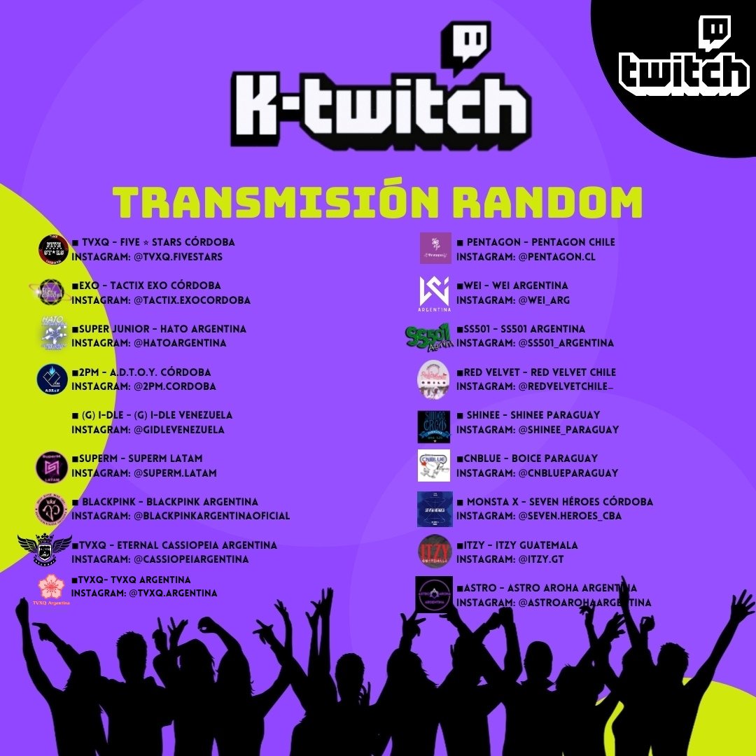 oficialktwitch's tweet image. ✨ TRANSMISIÓN RANDOM ✨

📆 14 DE FEBRERO
🕔 5AM KST - 17HS ARGENTINA

🎉LOS ESPERAMOS PARA PASAR UNA HERMOSA TARDE JUNTOS!! 😍 

▫️¿QUE ES TRANSMISIÓN RANDOM?
▫️Se transmite lo que los Fans pidan en Vivo

👇🏼Grupos y solistas disponibles👇🏼

#KTWITCH #KPOPTWITCH #TWITCH #KPOP