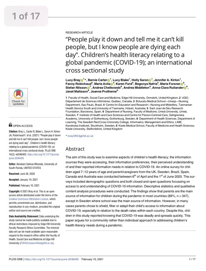Great to see our open access paper published today - an international study of children’s information exchange and understandings of COVID-19.
 journals.plos.org/plosone/articl… 
<a href="/CarterBernie/">Bernie Carter</a> <a href="/joprotheroe/">Jo Protheroe</a> @DrHolly_Saron <a href="/lb377/">Lynne</a> <a href="/AutismEdgeHill/">Jenkirton</a> <a href="/EHU_FHSCM/">EHU | Faculty of Health, Social Care & Medicine</a> <a href="/EHU_Research/">Edge Hill Research Office</a>