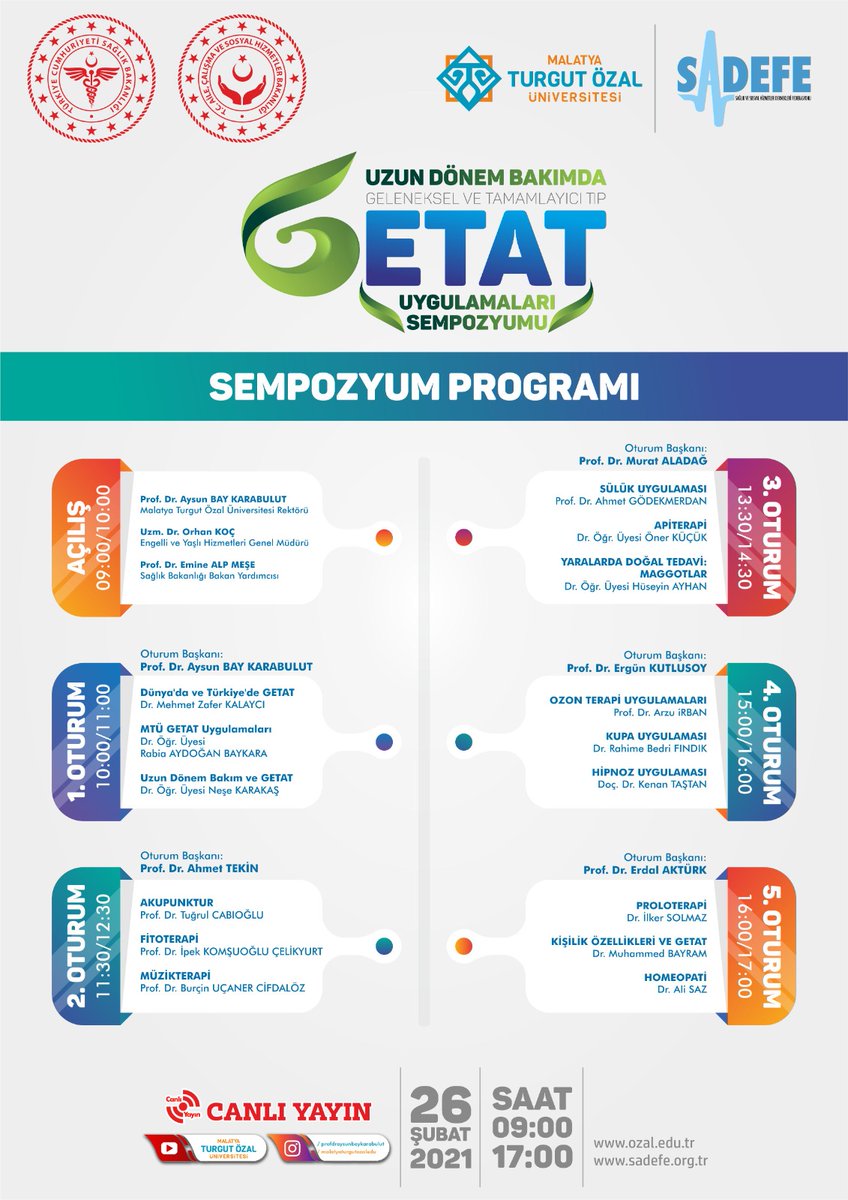 "Uzun Dönem Bakımda GETAT Uygulamaları Sempozyumu" programımıza davetlisiniz.📣

📅26 Şubat Cuma
⏳09:00-17:00

🔸Kayıt için 🔗ugetat.ozal.edu.tr/?page_id=7742

<a href="/tcbestepe/">T.C. Cumhurbaşkanlığı</a> <a href="/saglikbakanligi/">T.C. Sağlık Bakanlığı</a> <a href="/drfahrettinkoca/">Dr. Fahrettin Koca</a> <a href="/dralpmese/">Emine Alp Meşe🇹🇷</a> <a href="/ailevecalisma/">Cshabakanligi</a> @acshb_eyhgm <a href="/drorhankoc/">Orhan Koç</a> <a href="/YuksekogretimK/">Yükseköğretim Kurulu (YÖK)</a> <a href="/yekta_sarac/">Prof. Dr. M. A. Yekta Saraç</a>