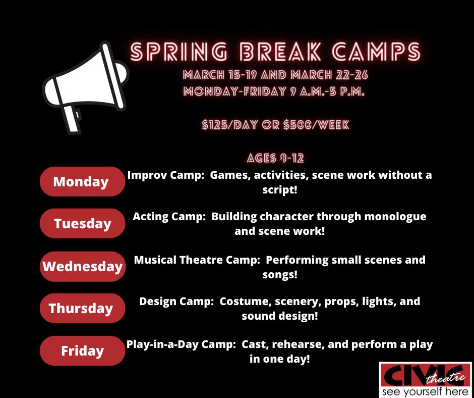 SPRING BREAK CAMPS! This year we have two weeks to choose from to accommodate West Lafayette, LSC, and TSC students. All camps will adhere to COVID guidelines with masks required and social distancing practices enforced. #seeyourselfhere Enroll today: lafayettecivic.org/camps