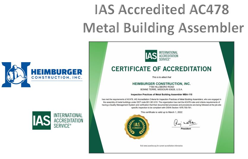IntlAccredSvc's tweet photo. Congratulations Heimburger Construction, Inc., in Bonne Terre, Missouri for becoming an IAS Accredited Metal Building Assembler. Demonstrating compliance with AC478 and OSHA Section 1976.750-761. https://t.co/vcF61Pzncq #Heimburger #IASaccredited #AC478 https://t.co/OykTOpJ3XY