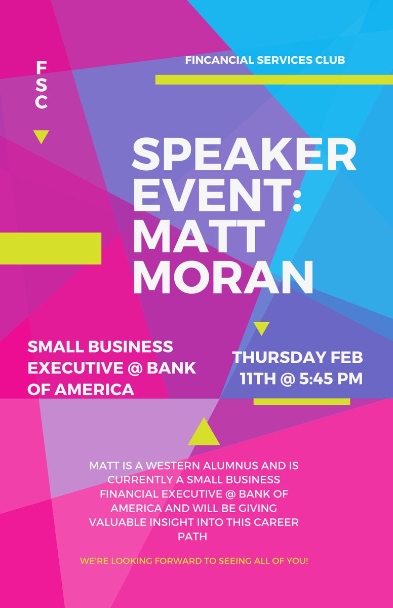 FSCWMU's tweet image. Join us tomorrow at 5:45pm for our second night of our Professional Speaker Series! Our speaker, Matt Moran, is a WMU alumnus and works at Bank of America as  a small business executive. Dress business casual &amp;amp; bring your questions for Matt!