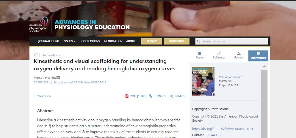 APSPublications's tweet photo. Kinesthetic and visual scaffolding for understanding oxygen delivery and reading hemoglobin oxygen curves - new in Advances in Physiology Education (FREE)
https://t.co/pgYQzeqexy
#graphingdata #hemoglobin #kinestheticactivity https://t.co/qqSHDWzJ38