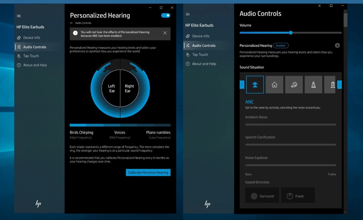Screenshots of Windows ten app showing personalized hearing and audio controls