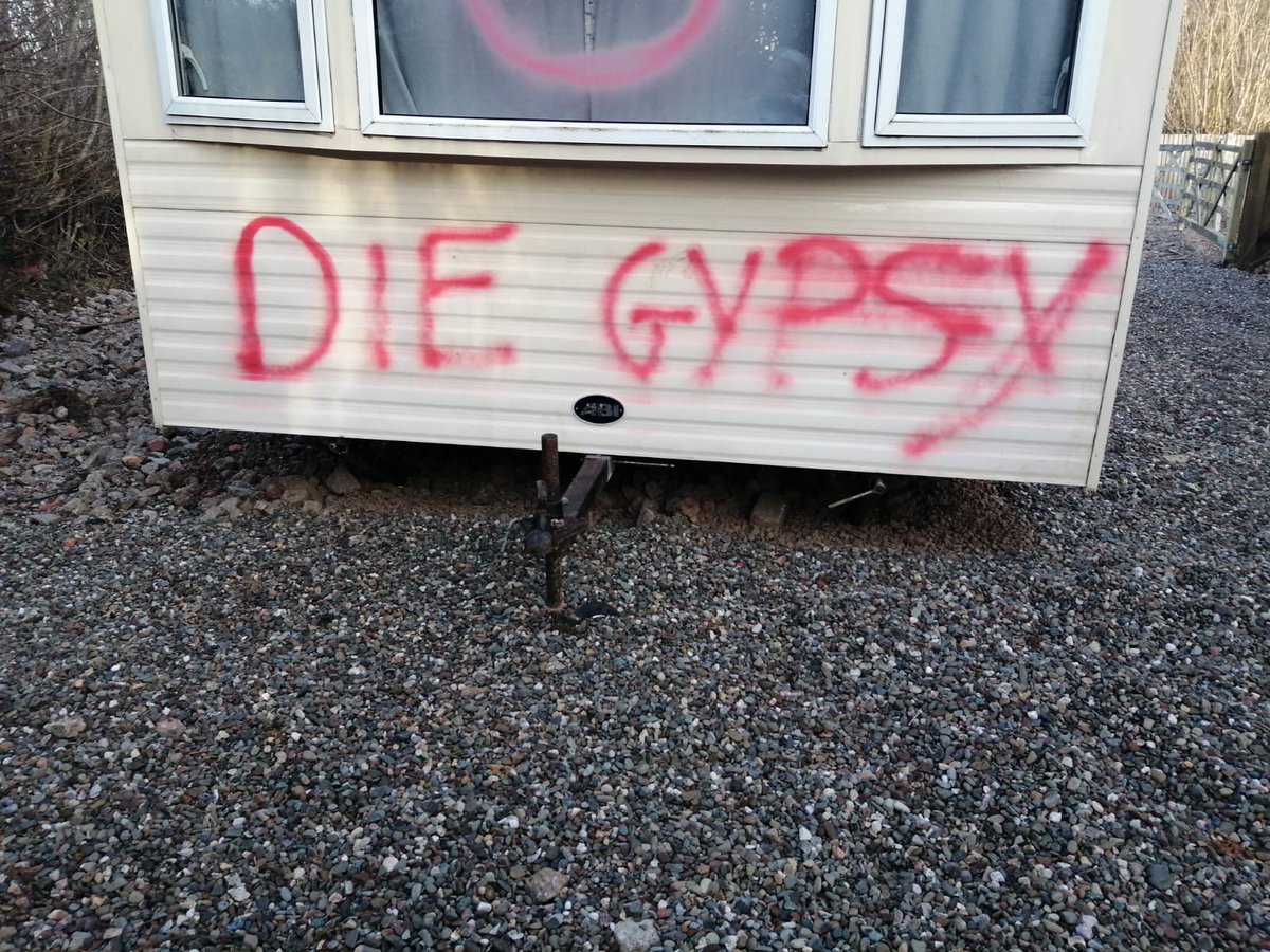 bowers_jake's tweet photo. Racist attack on a Gypsy home in the last few days. Notice the petrol can under the trailer door. Is this the natural result of @pritipatel 's performative prejudice unveiling plans for new anti-Gypsy legislation? https://t.co/qGwqSKpclC