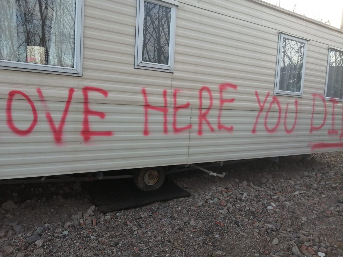 Jake Bowers (@bowers_jake) on Twitter photo Racist attack on a Gypsy home in the last few days. Notice the petrol can under the trailer door. Is this the natural result of <a href="/pritipatel/">Priti Patel MP</a> 's performative prejudice unveiling plans for new anti-Gypsy legislation? Racist attack on a Gypsy home in the last few days. Notice the petrol can under the trailer door. Is this the natural result of <a href="/pritipatel/">Priti Patel MP</a> 's performative prejudice unveiling plans for new anti-Gypsy legislation?