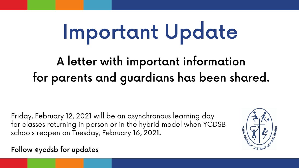 YCDSB's tweet photo. #ATTN Families: Friday will be an asynchronous learning day for classes returning in person or in the hybrid model. Fully remote classes are not impacted. 

Pls check your email or read the update: https://t.co/LfQKXFiMpi

Additional details re: reopening to come

@SSD_YCDSB https://t.co/nLfyozoI9S