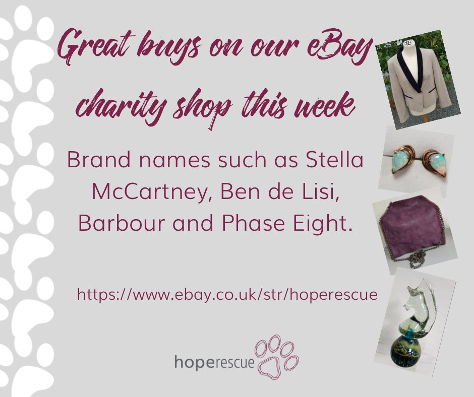 HopeRescue's tweet photo. Head over to our eBay charity shop and take a look at the fantastic items we have on auction this week! Names such as Barbour, Stella McCartney, Hotter and Ben de Lisi. Also amazing preloved Gold and Opal earrings and pendant. 
Be quick! Ends Sunday. 
https://t.co/BGz9SnXEOp https://t.co/R7WTreMIlz
