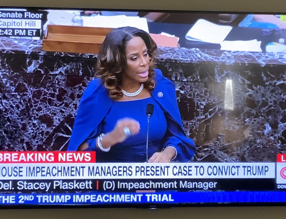 I know this is superficial as hell, but I’m kind of loving that House Manager, <a href="/StaceyPlaskett/">Rep. Stacey Plaskett</a>, showed-up wearing a cape to defend our democracy.