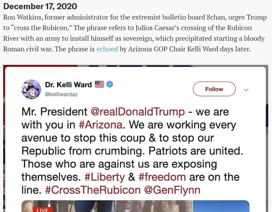 The lines between mainstream GOP figures and extremists were incredibly blurred during Stop the Steal. One example we found that I think shows that clearly is the Arizona GOP chair cribbing language from a prominent QAnon figure.