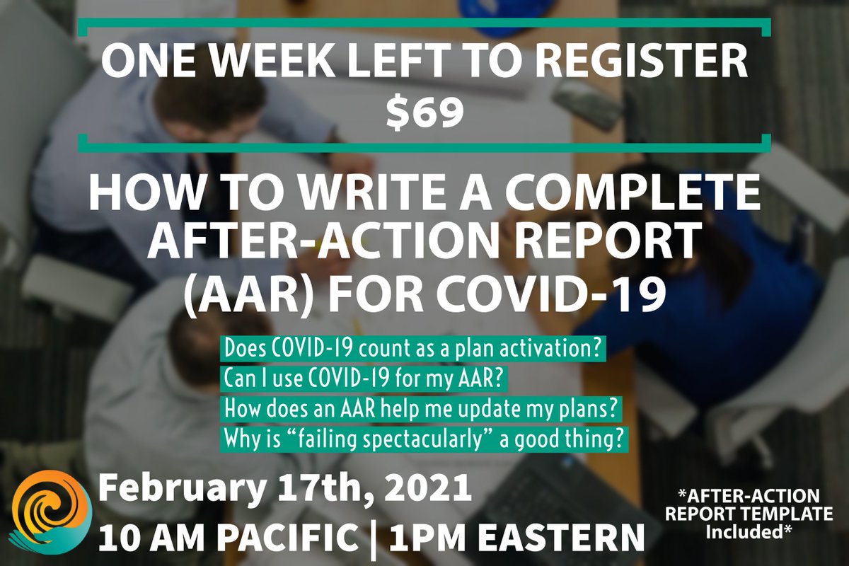 EngagePrepRecov's tweet image. Don&apos;t forget, one week left to register for our &quot;How to Write a Complete After-Action Report for COVID-19&quot; webinar!

Reserve your spot: ow.ly/qhlE50Dw13u

#ConnectConsulting #EmergencyManagement #CriticalInfrustructure #Connectmetodisasterplanning #WeAreCCS #AARWebinar