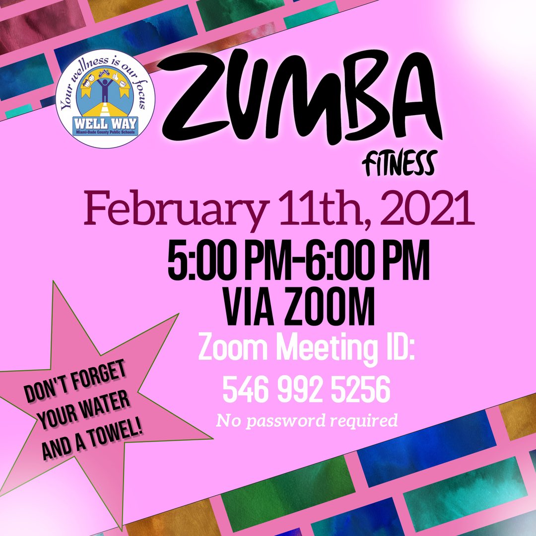 MDCPSWellWay's tweet photo. Join us for Zumba TOMORROW at 5 PM! No password required! #mdcpshealthyemployees 💃🏾🕺 @FiredUpAForce https://t.co/se49tl92fg