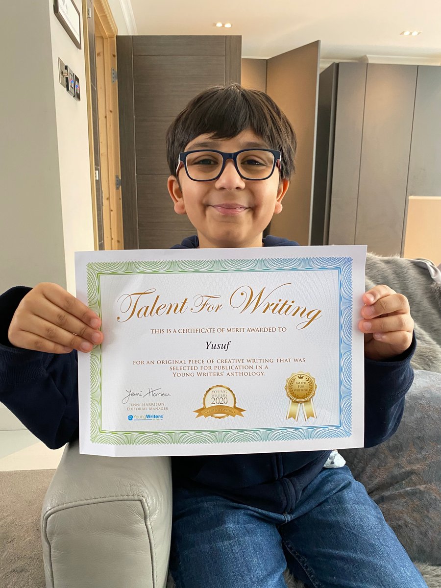 HomefieldSchool's tweet photo. Congratulations to Yusuf in #Year5 for his 'Talent for Writing' Merit. It was awarded to him for an original piece of creative writing which has been selected for publication in a #YoungWriters anthology! #CreativityAward @YoungWritersCW #Proud https://t.co/v28hyjfHgw