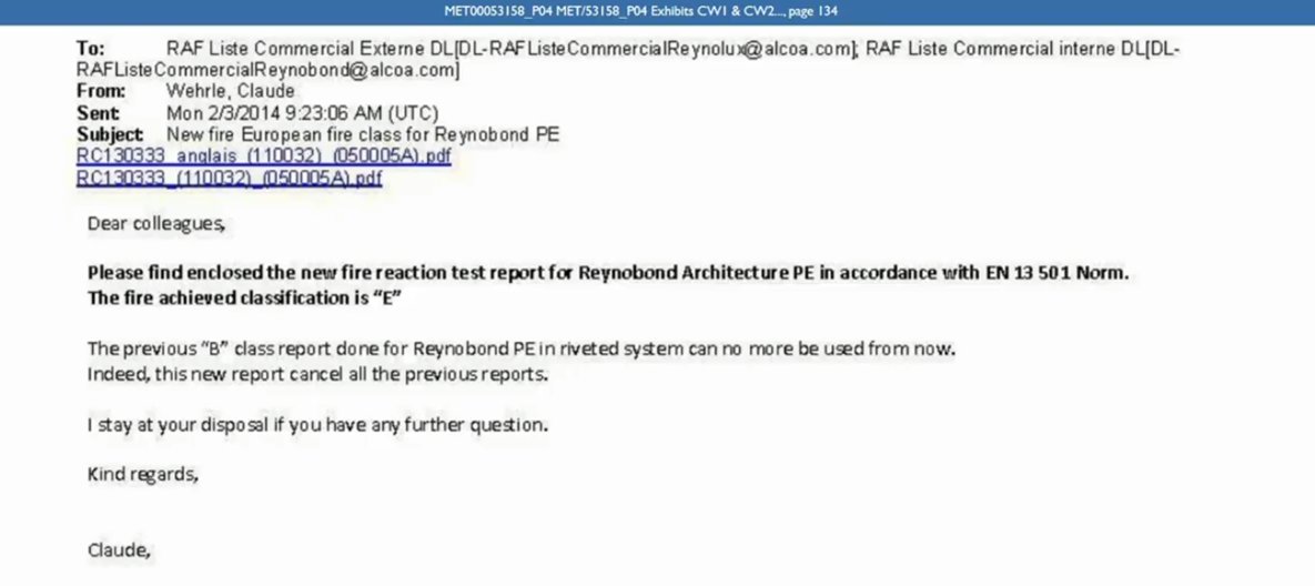 Meanwhile in other news, wow ...Arconic internally withdrew their Class B classification for PE ACM (which was approved for buildings over 18m) and replaced it with Class E. Debbie French doesn't recall seeing this email, and claims she wouldn't have noted the relevance ...