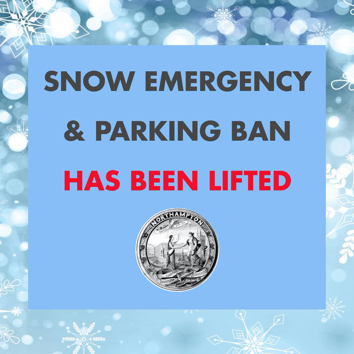 SNOW EMERGENCY ENDED RETURN TO NORMAL PARKING RULES
Date and time of issue: February 10, 2021 at 10AM
The City of Northampton has lifted its Snow Emergency and City wide parking ban, effective immediately