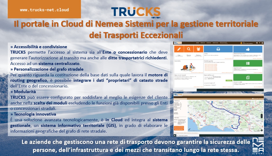 Con #TRUCKS la gestione dei trasporti eccezionali e le loro autorizzazioni al transito diventano semplici e veloci. Se interessati visitate il sito dedicato e contattateci. #TrasportiEccezionali <a href="/mitgov/">MIT</a> <a href="/StradeAnas/">Anas SpA</a> <a href="/CAV_Spa/">Concessioni Autostradali Venete S.p.A.</a> <a href="/TrafficoA/">Traffico Autostrade</a>