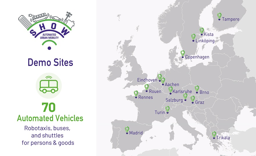 The core of #SHOW lies in its pilots. Together with partners from all over 🇪🇺, coming years we'll work to deploy a total of 7⃣0⃣ #automatedvehicles in real service operation🛣️🚦
Want to know more about our demo sites? Discover them🔛bit.ly/3jAWkmN

#EUTransportResearch