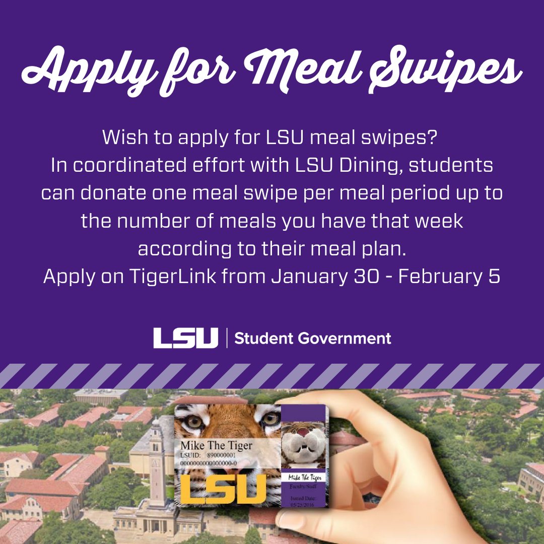 lsugsa's tweet image. It only takes a minute to apply and help LSU Dining to Swipe Out Hunger! The deadline has been extended to Monday, Feb. 15, 2021, at 12 p.m. 

You can use the following link:
dineoncampus.com/lsu/swipe-out-…