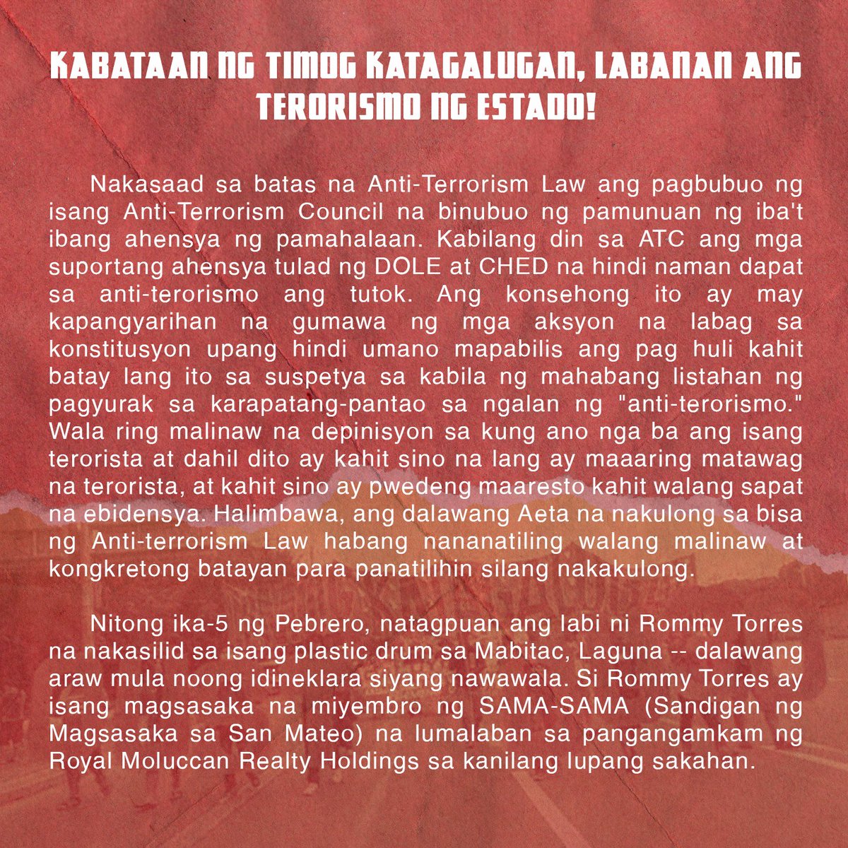 NUSPST's tweet photo. KABATAAN NG TIMOG KATAGALUGAN, LABANAN ANG TERORISMO NG ESTADO!
#JunkTerrorLaw #OustDuterteNow #STFightsBack #DefendST
Basahin: https://t.co/EAS6ZImyRY https://t.co/bNOJczSXBe https://t.co/pvIJti76Fe
