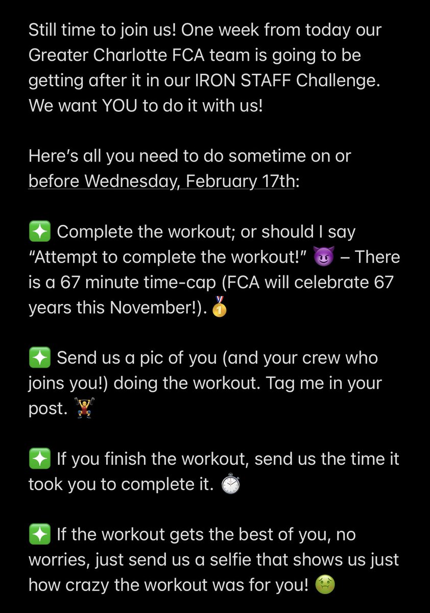ryangloer's tweet photo. Still time to join us. One week from today our Greater Charlotte FCA team is getting after it in our IRON STAFF Challenge. Check out the details for the workout and how to be a part of it below. GET SOME! 😤 @FCAcharlotte https://t.co/DlkOMtkmPD