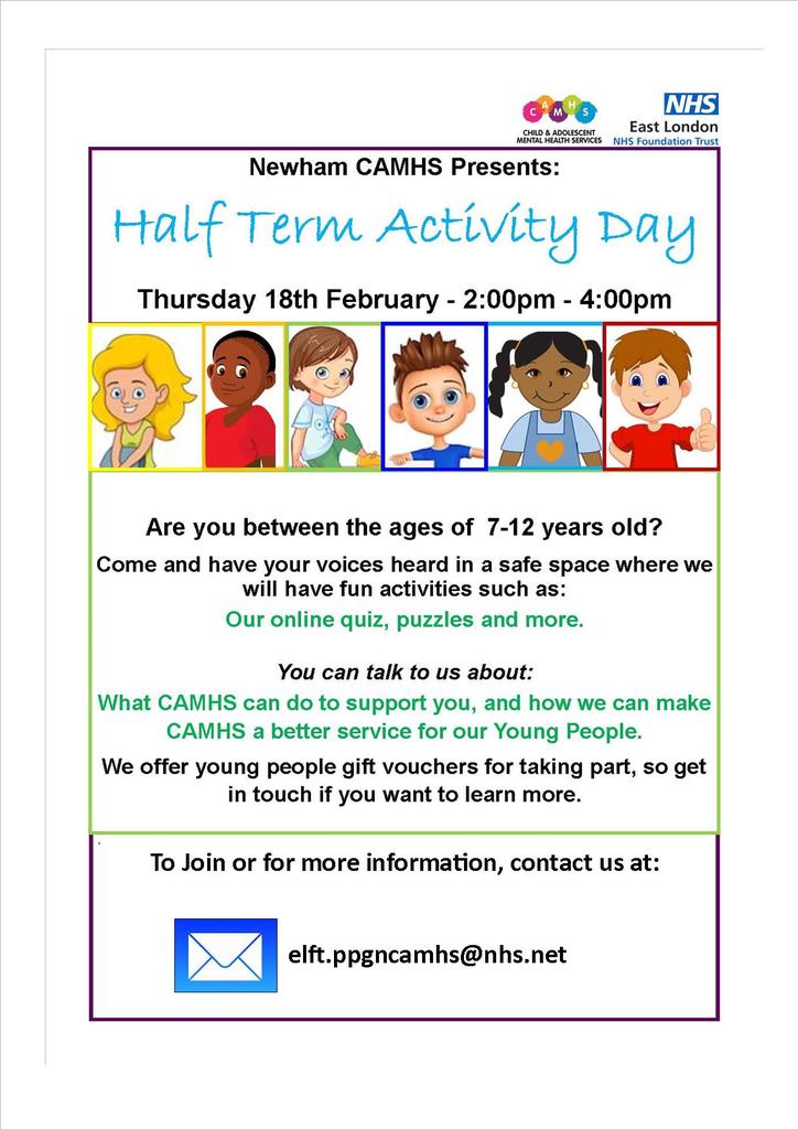NewhamCAMHS (@camhsnewham) on Twitter photo Half Term Activity Day
Ages 7 to 12
2pm to 4pm
For more information contact us at elft.ppncamhs@nhs.net
#Quiz
#Puzzles
#FeedbackToUs Half Term Activity Day
Ages 7 to 12
2pm to 4pm
For more information contact us at elft.ppncamhs@nhs.net
#Quiz
#Puzzles
#FeedbackToUs