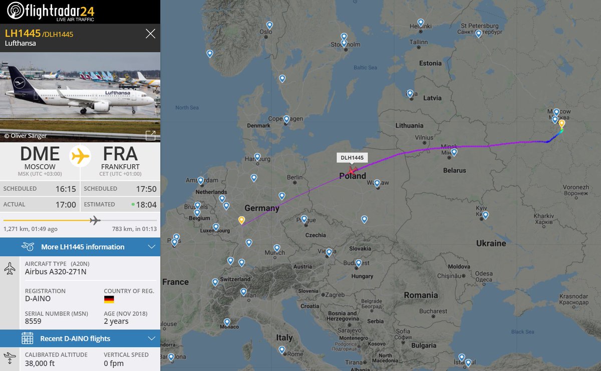 According to Interfax Yulia Navalnaya, the wife of Alexei Navalny, has flown from Moscow Domodedovo Airport to Frankfurt. The only flight matching this pattern is #LH1445. We don't have any information if she is on board the flight.

flightradar24.com/DLH1445/26cac3…