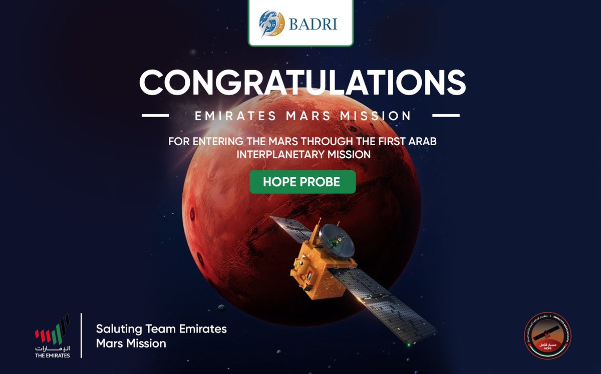 BadriManagement's tweet photo. #TeamBadri commending on the successful launch of Hope, The #EMIRATESMARSMISSION.
It has been fascinating to see the evolution of the UAE space programme and We wish the entire Emirates Mars Mission Team a success.

#TeamBadri #EmiratesMarsMission #ArabstoMars https://t.co/I5nqcUTIJR