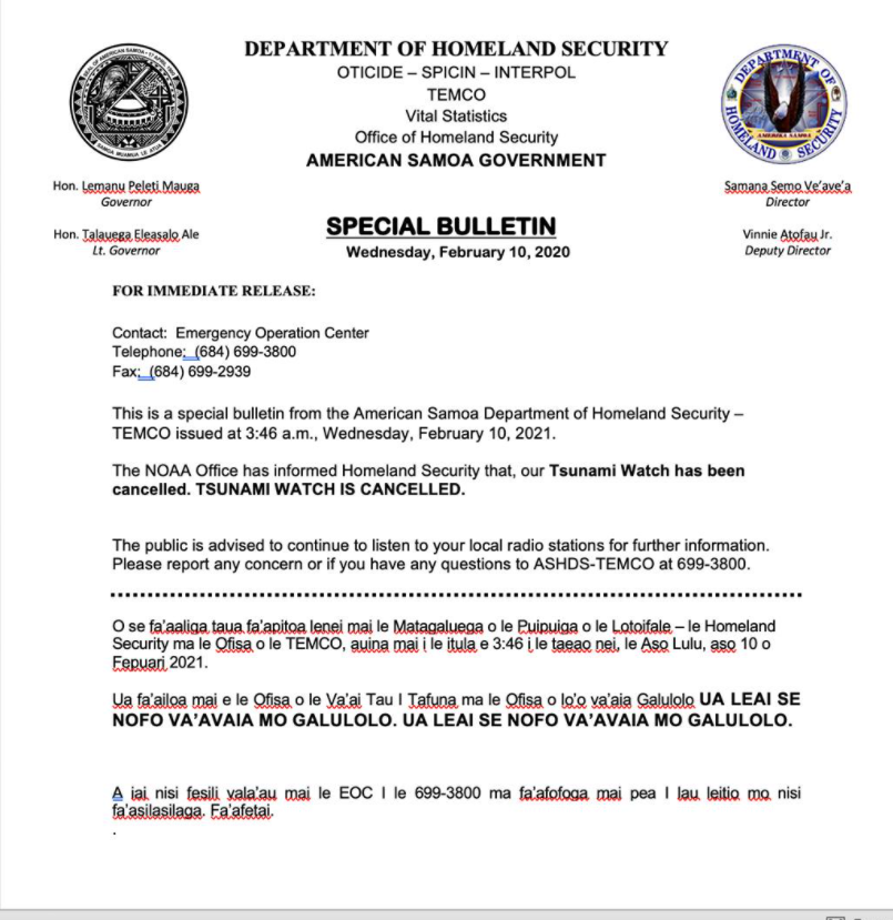 CEDRdigital's tweet photo. Tsunami Watch Canceled for #AmericanSamoa 
 #Tutuila #PagoPago #Ofu #Taū  
https://t.co/JKQ96m9Bmn https://t.co/RgJUUmzC45