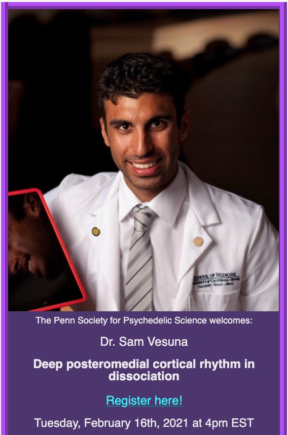 Sophie Rogers (@synaptic_soph) on Twitter photo We <a href="/pennpsychedelic/">Penn Society for Psychedelic Science (PSPS)</a> are so excited to have <a href="/SamVesuna/">Sam Vesuna</a> with us next week! Register for his talk on the neuroscience of dissociative states here 🧠🪞🤔 crowdcast.io/e/penn-psyched… We <a href="/pennpsychedelic/">Penn Society for Psychedelic Science (PSPS)</a> are so excited to have <a href="/SamVesuna/">Sam Vesuna</a> with us next week! Register for his talk on the neuroscience of dissociative states here 🧠🪞🤔 crowdcast.io/e/penn-psyched…