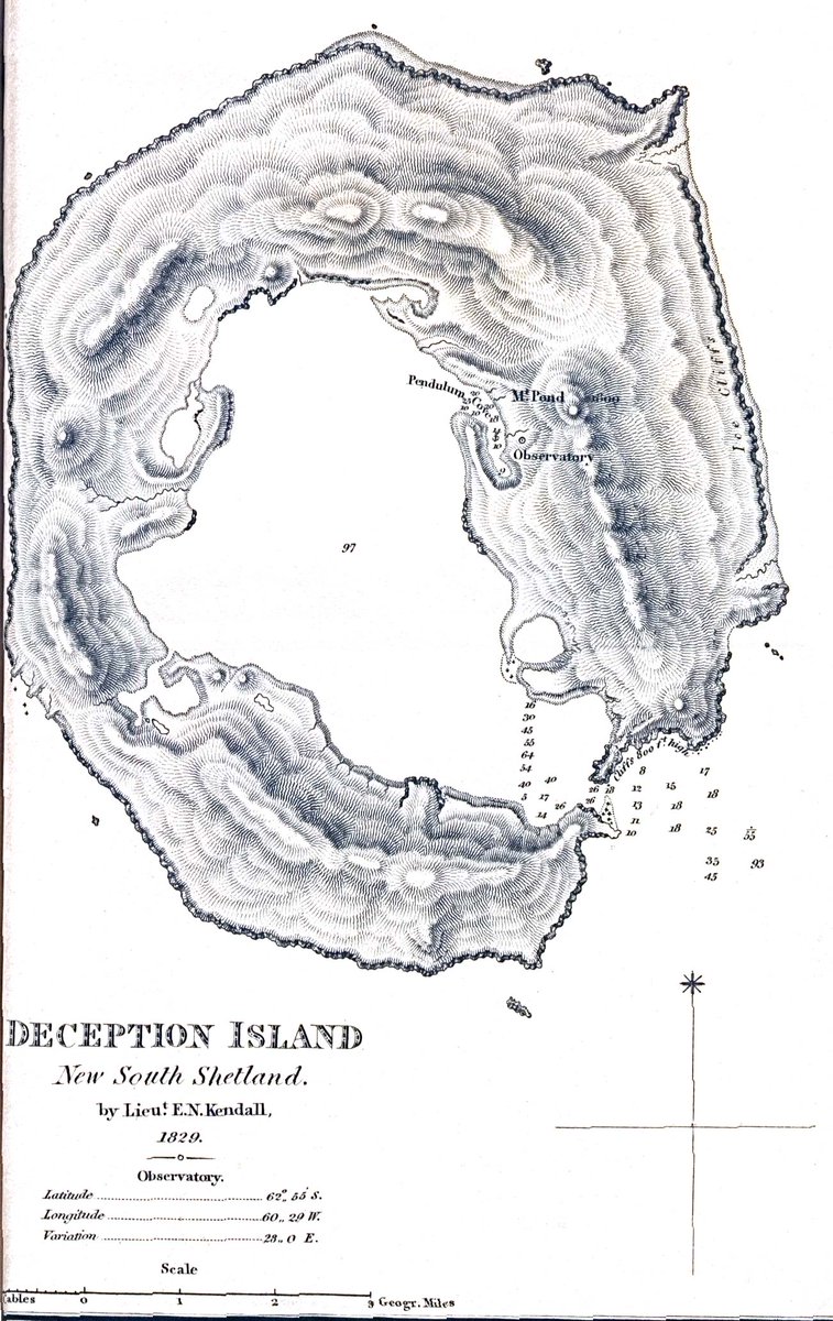 5.  The Argentine antarctic station 'Base Decepción' in 2016 and a 1829 map of Deception Island. The island is the caldera of an active volcano, whose eruption seriously damaged the local research stations in 1967 and 1969