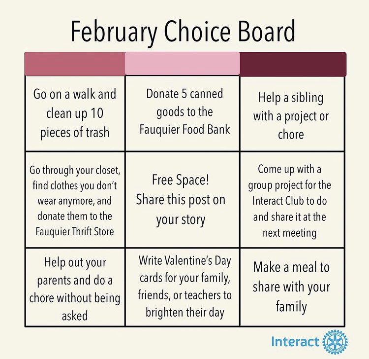 Check out our February choice board! Complete three tasks in a row just like a Bingo board! We would love to see photos of you completing our challenges! Tag us when you post your pictures on Twitter or Instagram!