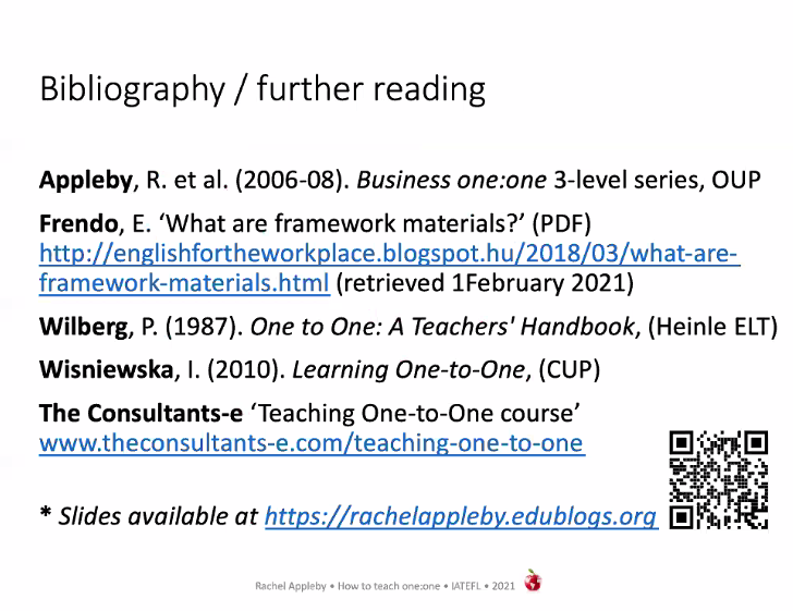 HelenTeachesEng's tweet photo. The Bibliography/Further Reading for @rapple18's @IATEFL Career Guide: How to teach #ELT one-to-one #Webinar:

Also available on Rachel's Blog:
https://t.co/82pPZKXJ6h

#EnglishTeaching #ELTChat #TeachingEnglish #TeachingBlog #ELTBlog #OneOnOne https://t.co/FCWRwectfL