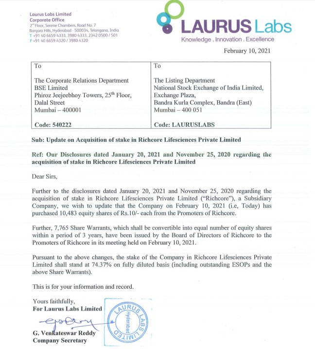 InvestWithAJFS's tweet photo. Laurus labs has increase their stake in richcore lifesciences from 72.55% to 74.37%
#LaurusLab #richcore @laurusbio https://t.co/T4ihcontc1