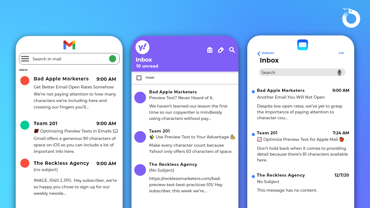team201chi's tweet photo. The most popular #email apps offer different user experiences. They also include varying preview text lengths on mobile:

📱@gmail: 90 (iOS) - varies (Android)
📱@yahoomail: 45-50
📱@Apple Mail: 81

Note these limits &amp; put the space to good use in your #emailmarketing campaigns. https://t.co/e94oLscV1J