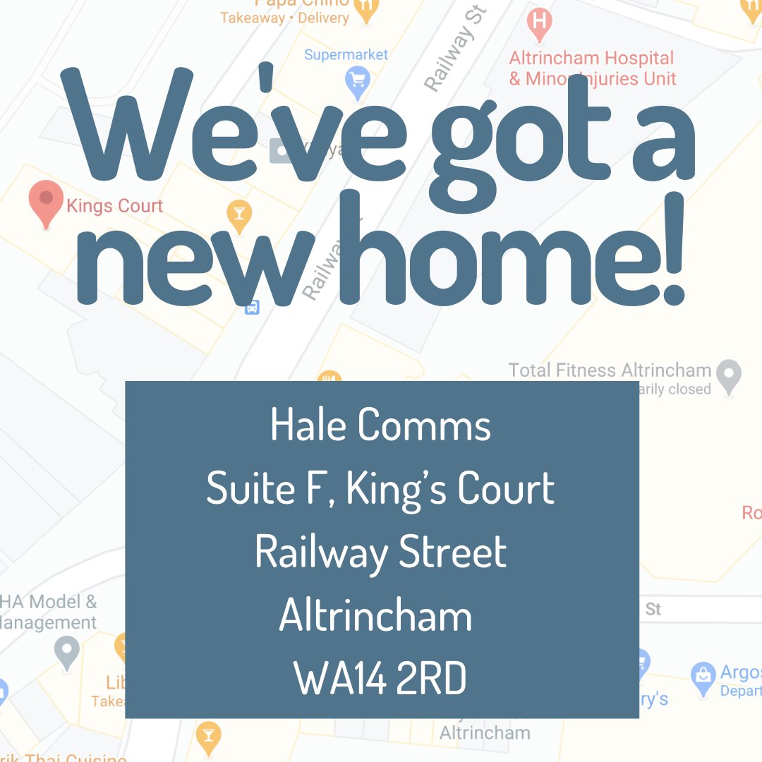Halecomms's tweet photo. 1/3 
Delighted to announce that Hale Comms has moved to a new office.

We’re still in Altrincham but we now have even better views above Railway Street! Our full address is below.

Post-Covid restrictions, we’d welcome our lovely customers to pop by for a coffee and catch-up! https://t.co/Cjo848kaYB