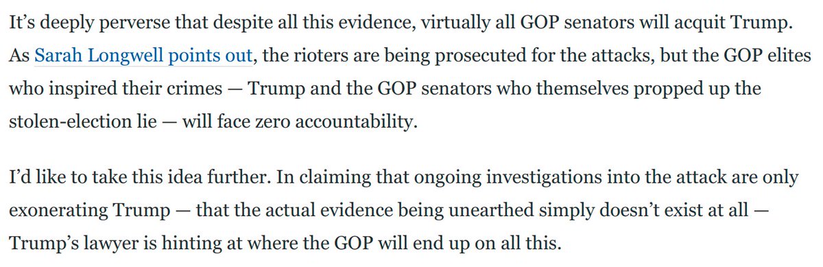 The GOP is gravitating toward total exoneration of Trump -- toward a comprehensive refusal to acknowledge the barest existence of *any* of the mountains of damning evidence that Trump tried to incite the violent overthrow of US democracy:Some examples: https://www.washingtonpost.com/opinions/2021/02/10/david-schoen-hannity-theory/