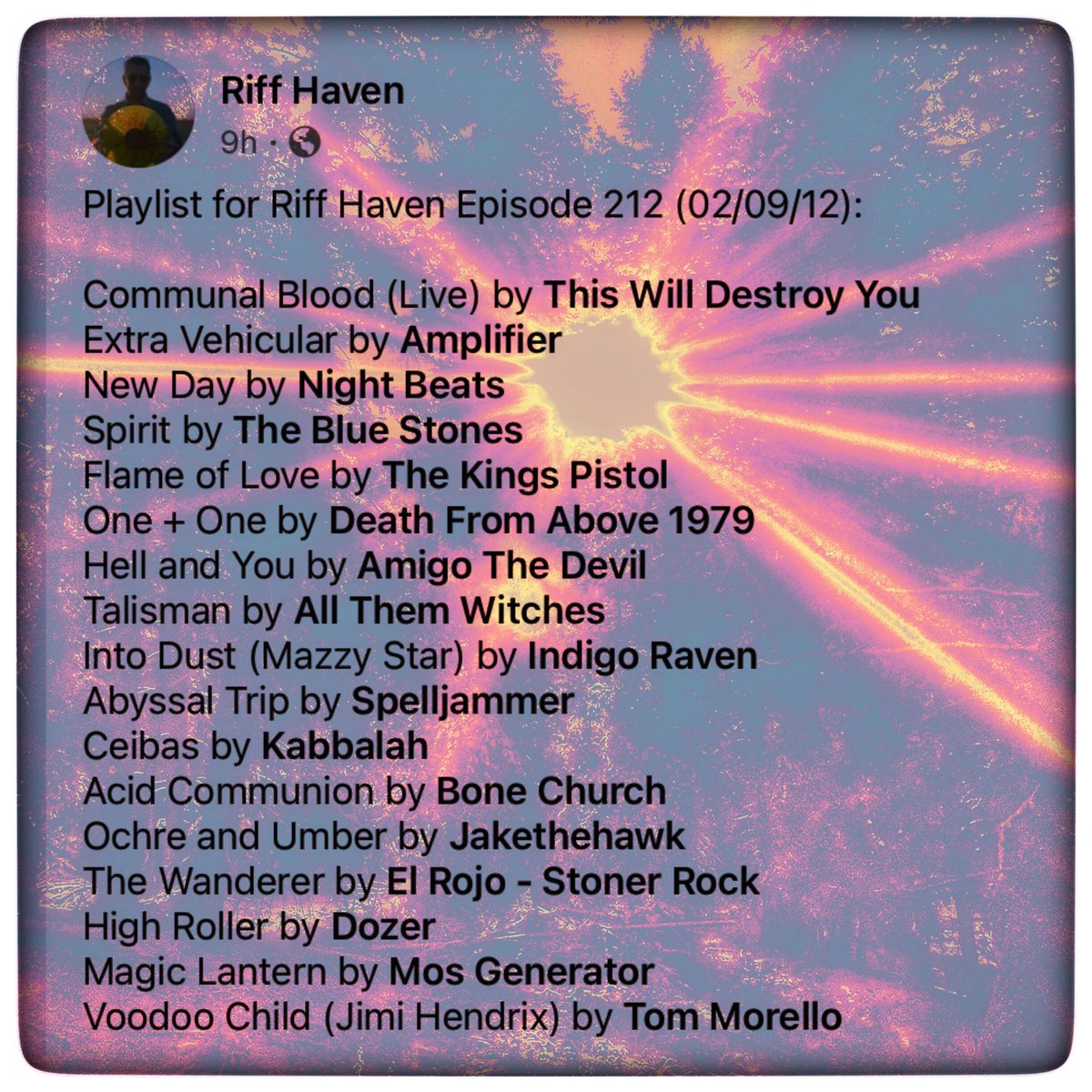 RiffHaven's tweet photo. #ThisWillDestroyYou #Amplifier #NightBeats #TheBlueStones #TheKingsPistol #DeathFromAbove1979 #AmigoTheDevil #AllThemWitches #IndigoRaven #Spelljammer #Kabbalah #BoneChurch #Jakethehawk #ElRojo #Dozer #MosGenerator #TomMorello #riffhaven #radioboise #StonerRock #HeavyPsych https://t.co/wFGz7R5PEH