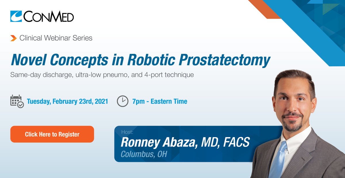 CONMED_Corp's tweet photo. REGISTER NOW: https://t.co/nGAsEea3tS | Join us for a clinical webinar series focusing on Novel Concepts in Robotic Prostatectomy, hosted by Ronney Abaza, MD, FACS. February 23rd, 7pm ET

#conmed #airseal #roboticsurgery #NARUS #urology https://t.co/GBZqusU6wt