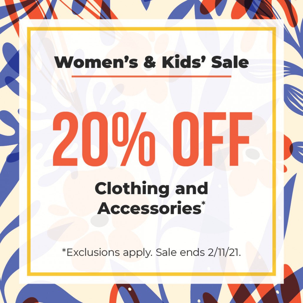 Our 20% off sale is still happening! Women's clothing and accessories and kids' clothing and accessories are on sale through tomorrow! Online and in store!