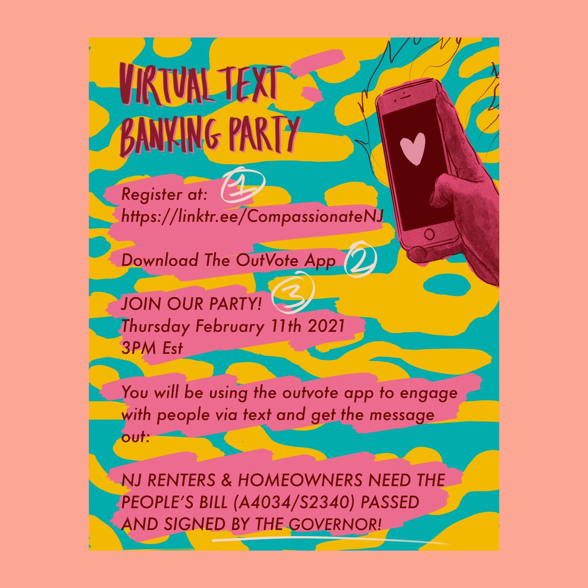 CompassionateNj's tweet image. Lastly, join us tomorrow, Thursday 02/11 at 3pm for our Virtual Text Party. The goal is to send messages out to urge senate officials to pass #ThePeoplesBill

#HaveAHeart #KeepUsHome 
#CompassionateNJ #PeopleOverProfit