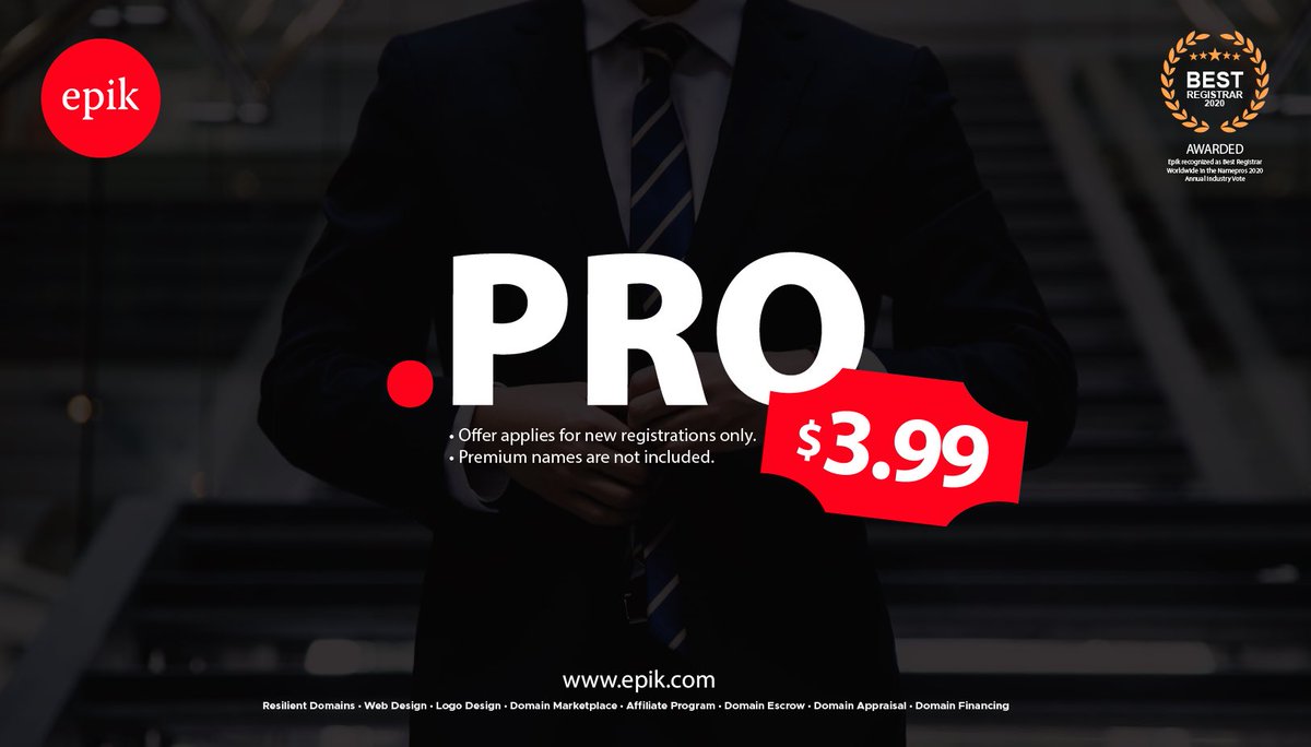 SufyanAlani's tweet photo. .PRO new registrations are now discounted to $3.99 at @EpikDotCom !
Enjoy!

#BeEpik #Epik #DomainNames #Promo #dotPRO #discount https://t.co/jpZ6XSiPDz