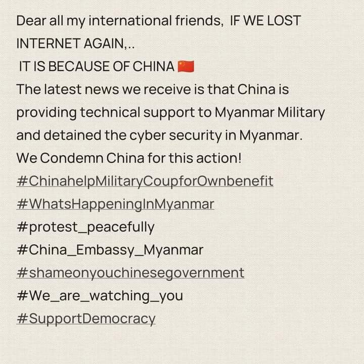 nanda_thin's tweet photo. May the world hear our hopes 🙏
May the world hear our hopes 🙏

#Feb10Coup
#CrimesAgainstHumanity
#WhatsHappeningInMyanmar 
#shameonyouchinesegovernment 
#ChinahelpMilitaryCoupforOwnbenefit 
#China_Embassy_Myanmar 
#protest_peacefully
#SupportDemocracy 
#We_are_watching_you https://t.co/bvi5FCoVHA