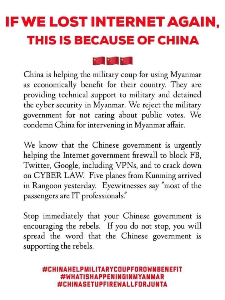 chawhtethtet's tweet photo. Don’t intervene in our affairs, China.. Say no to dictatorship.. Shame on you Min Aung Hlaing #Coup10Feb #CrimesAgainstHumanity https://t.co/Gs2QAmrrjJ