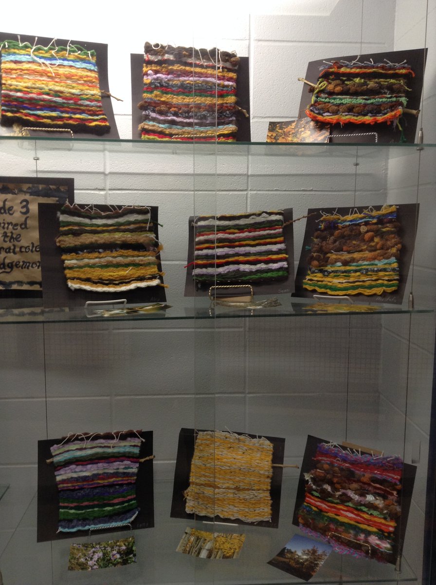 Ms_C_Dickson's tweet photo. Gr3 Fine Arts: These beautiful woven pieces, with their inspirational Edgemont nature photos,  are now on display in our school cabinets! https://t.co/a6Bx5UitNw