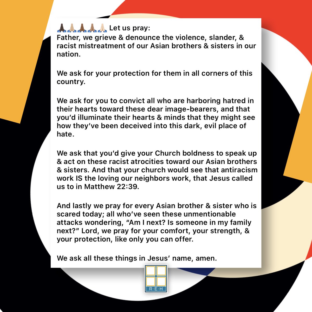 Our prayer concerning anti-Asian racism in our nation 🙏🏾🙏🏿🙏🏽🙏🏼🙏🏻
