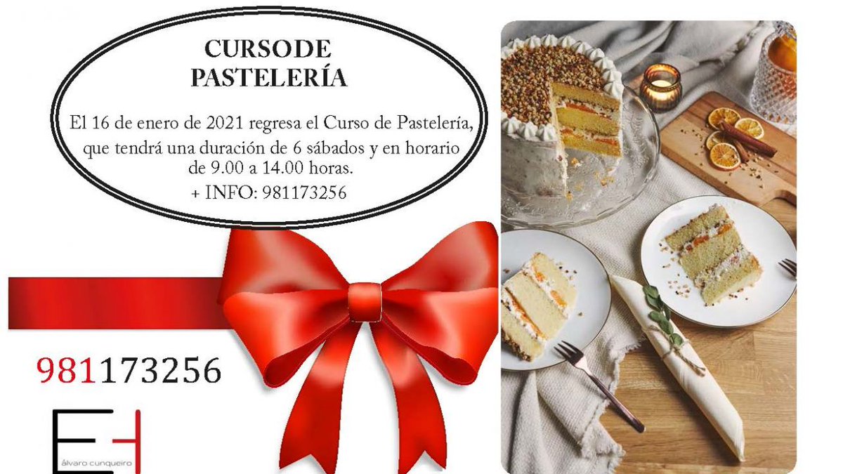 Curso de Pastelería: 13 de febreiro, 09:00 Escuela de Hostelería Álvaro Cunqueiro - A Coruña - A Coruña Novo Curso de Pastelería, que terá lugar durante 6 sábados entre o 16 de xaneiro e o 20 de febreiro, sempre en horario de 09.00 a 14.00 e no que se… dlvr.it/RsQnzb