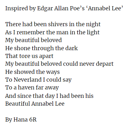 RoeGreenJS's tweet photo. Poetry inspired by Edgar Allan Poe’s ‘Annabel Lee’. Well done Hana in 6R! #RGJS https://t.co/WXmSLDD2LF