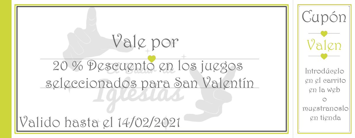 bazar_iglesias's tweet image. Para que no os quedéis sin jugar este 14, ya sea solos o acompañados ¡os dejamos por aquí un cupón (Valen) del 20%  descuento válido hasta San Valentín para juegos seleccionados para la ocasión!