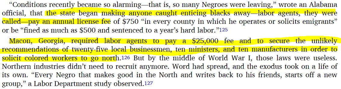 In the early days of the migration, labor recruiters from the Northern U.S. would come down to recruit African-Americans. So the states of the Southern U.S. began passing laws so restrictive they practically banned legal labor recruiting. Illegal recruiting flourished however.