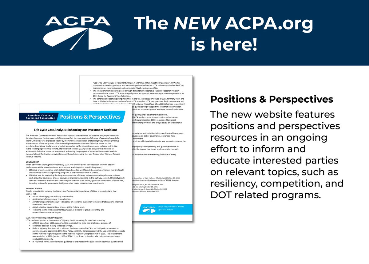 PaveConcrete's tweet photo. The new ACPA website features a library of Positions &amp; Perspectives papers. Our goal is to inform and educate interested parties on a variety of topics. Click here to take a look: https://t.co/pGhzabA41V https://t.co/1O9fsJefge